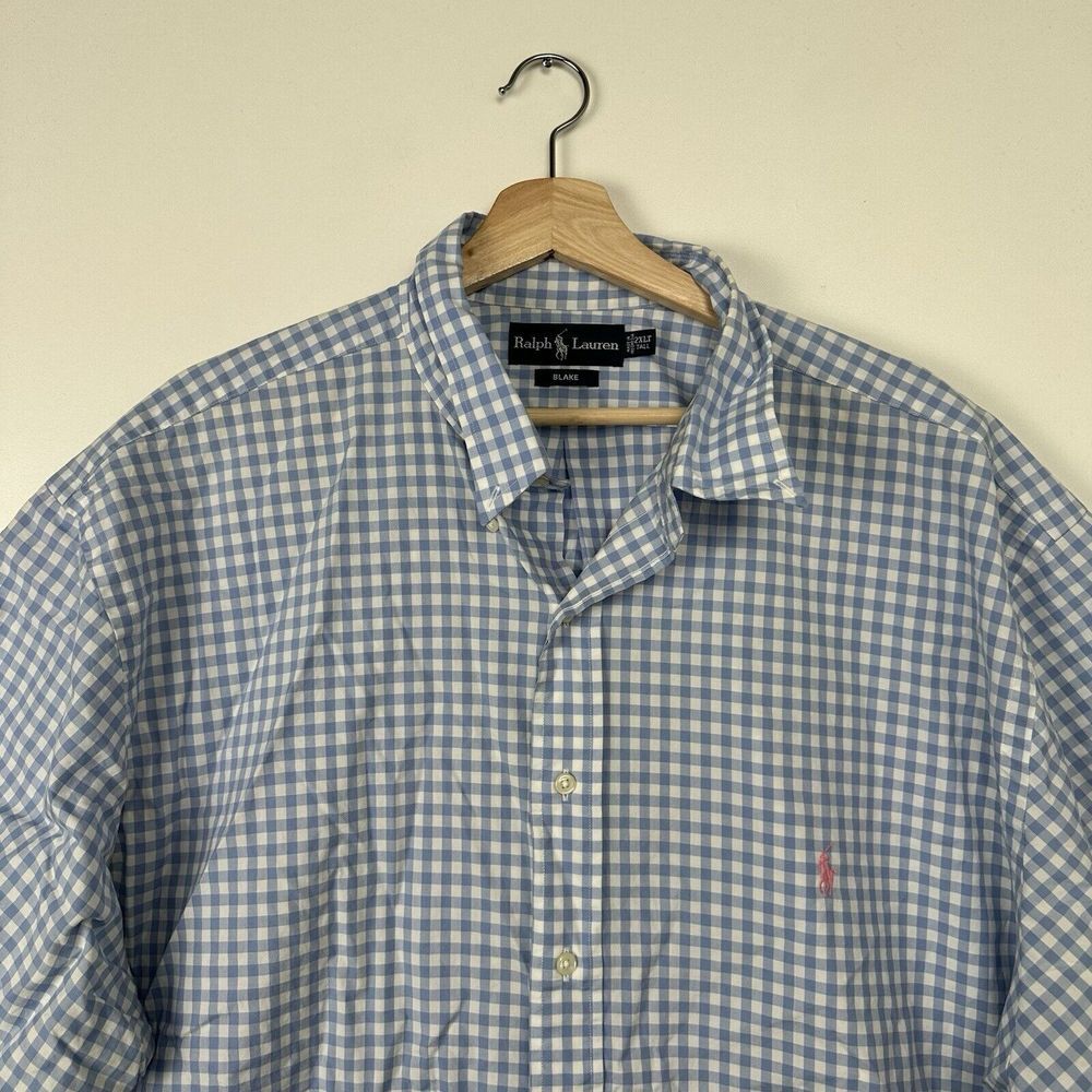 Ralph Lauren Men's Shirt 2XLT Blue White Check‎ Gingham Pink Pony Button Up